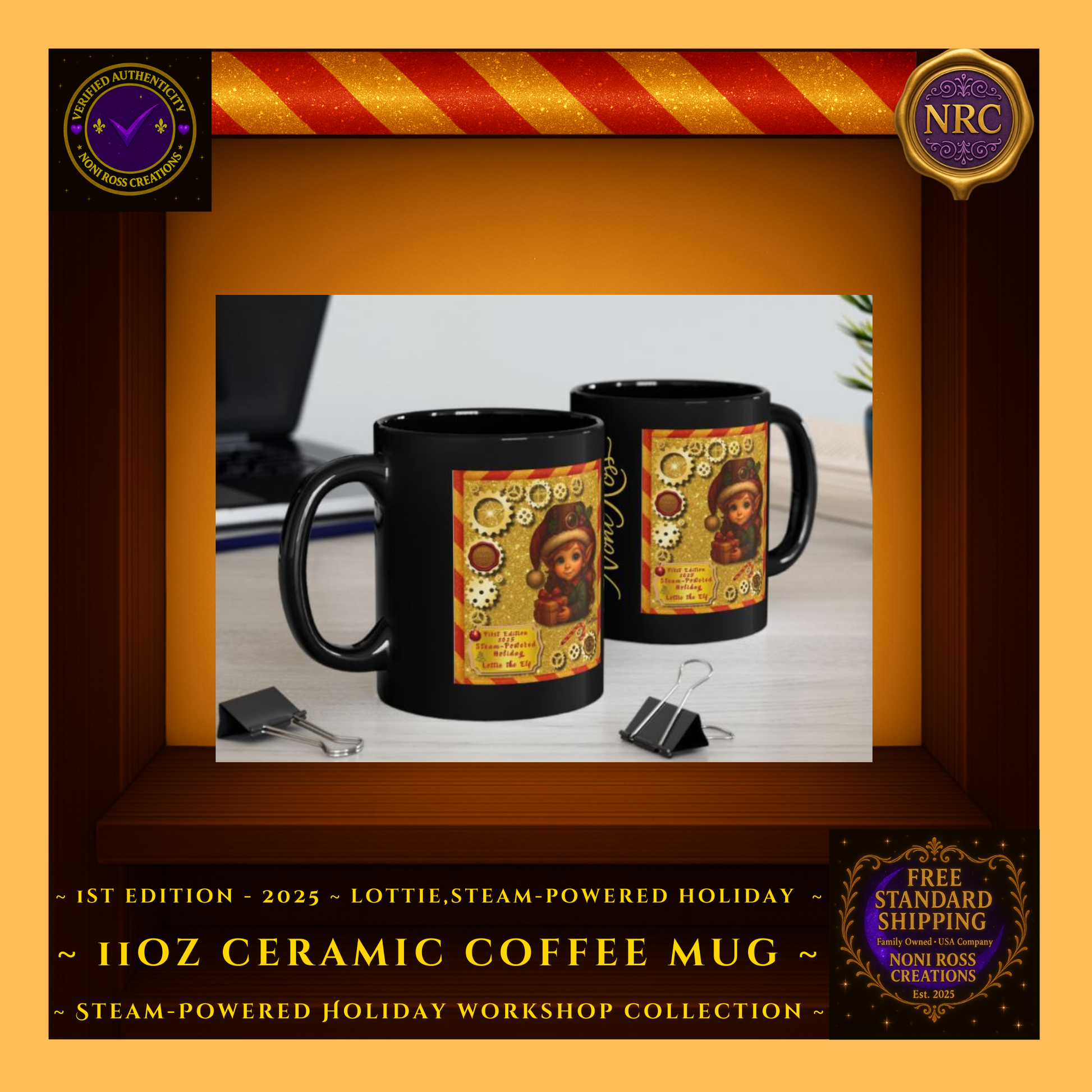 Lifestyle gold cubby image of the Lottie the Elf mug beside holiday treats, showcasing warm Christmas ambiance