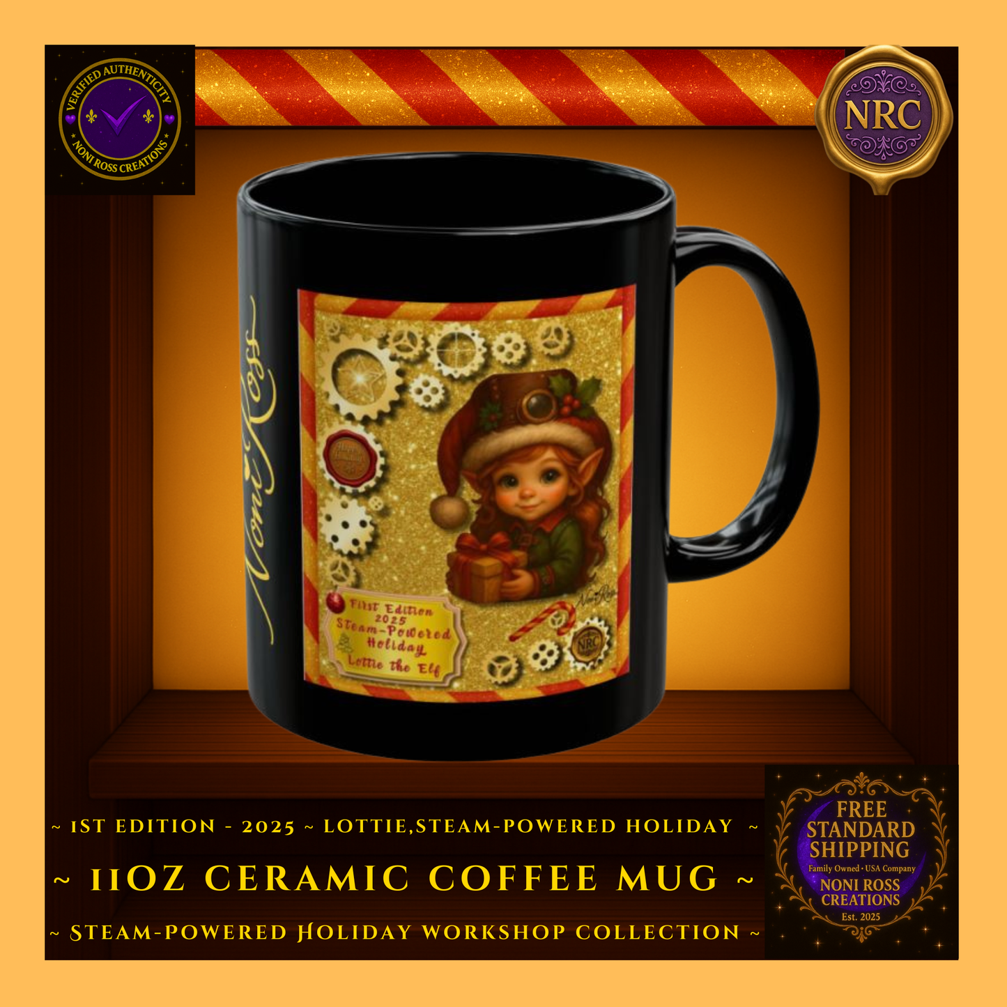 Left side gold cubby view of Lottie the Elf First Edition holiday mug showing steampunk gears and festive design wrap