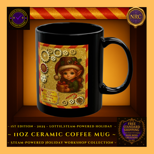 Gold cubby frame featuring Lottie the Elf First Edition 2025 steampunk holiday mug with gears, stars, and festive golden sparkle background