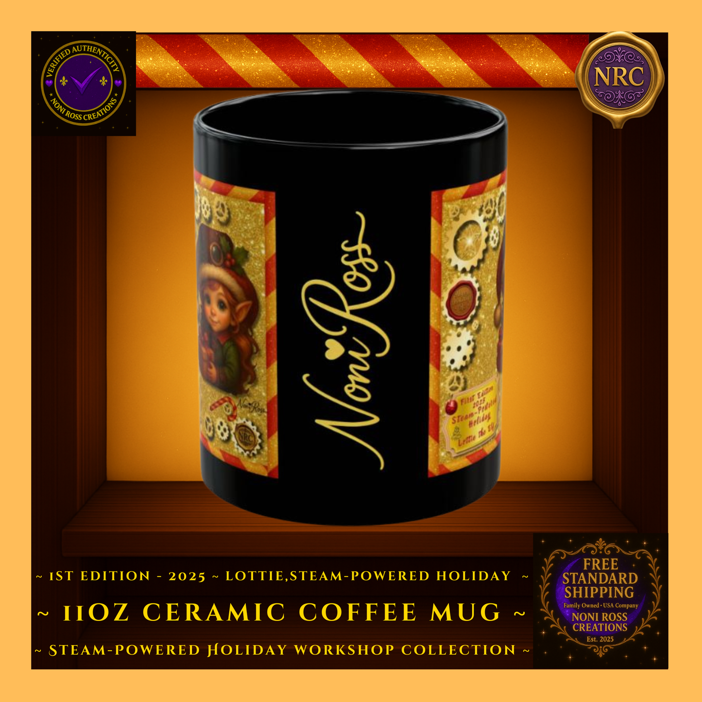 Gold cubby image featuring the signature spine of the Lottie the Elf First Edition mug with golden gears and NRC branding