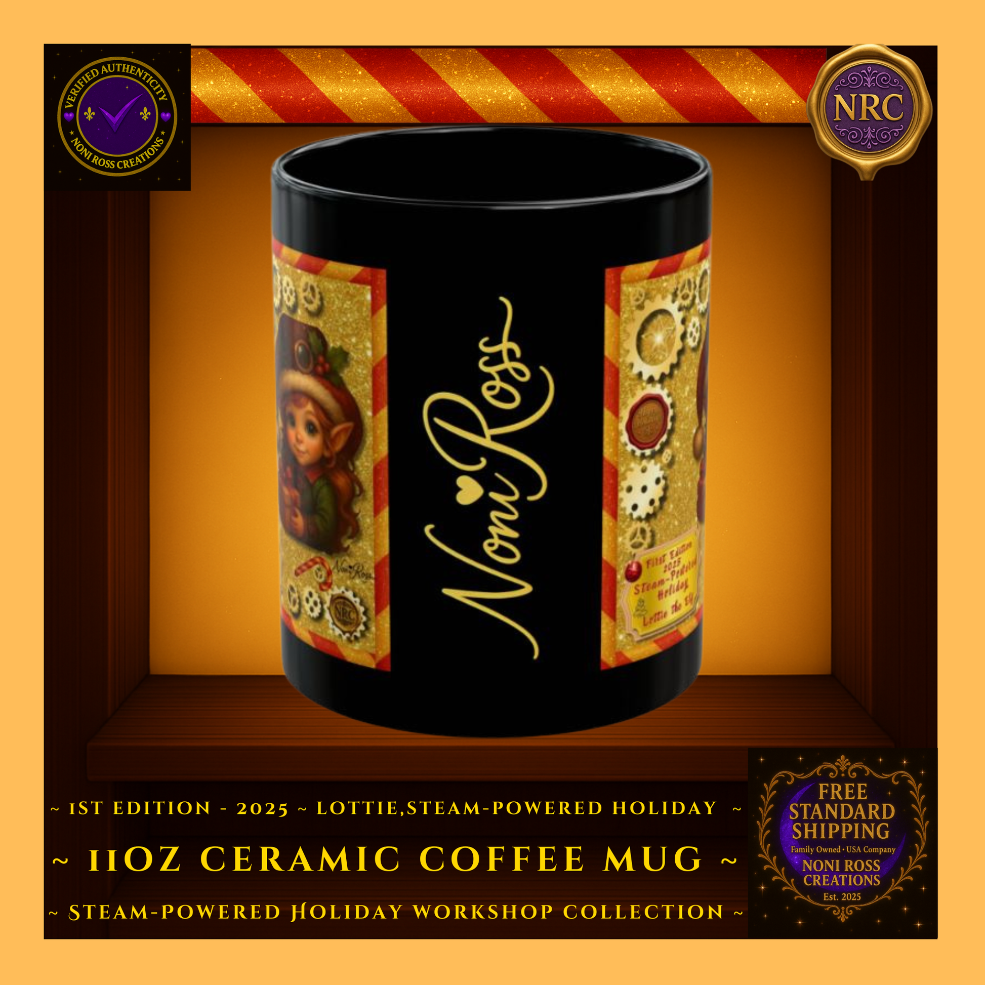 Gold cubby image featuring the signature spine of the Lottie the Elf First Edition mug with golden gears and NRC branding