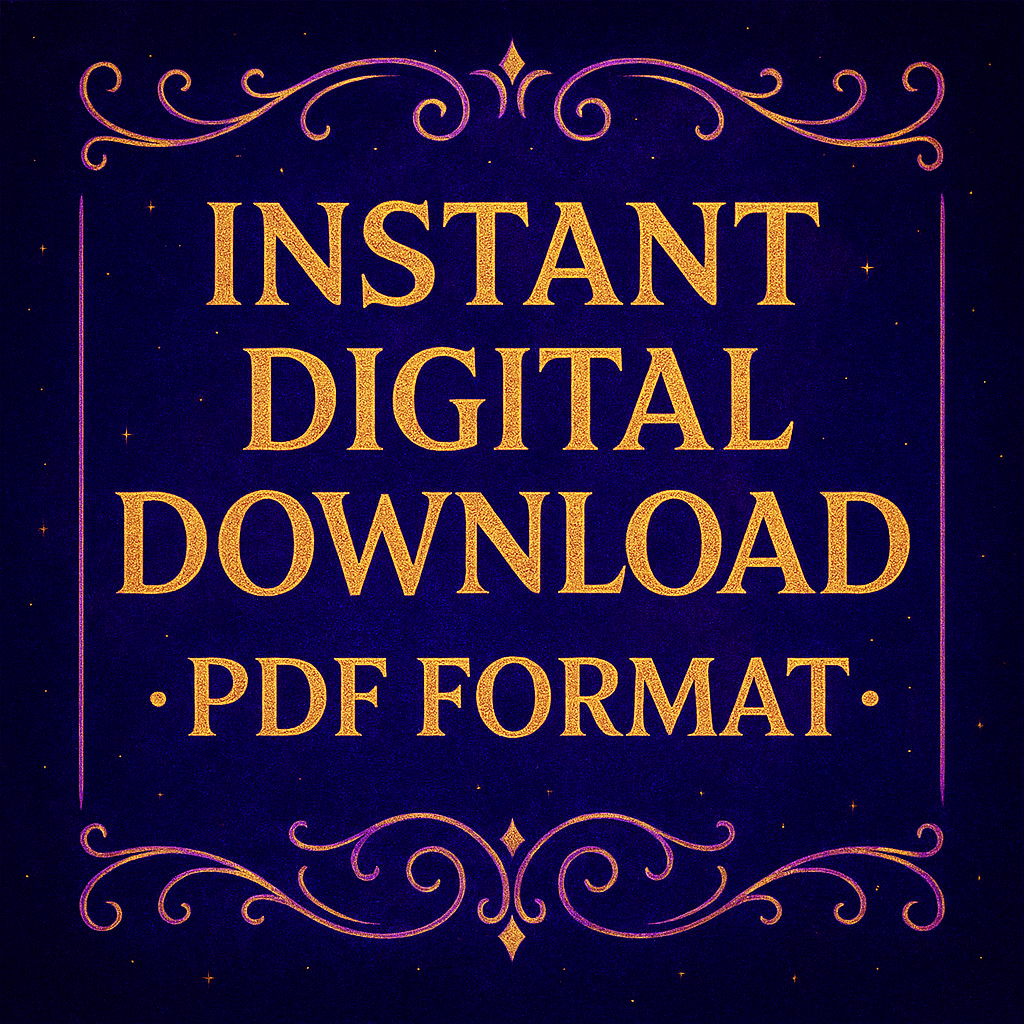 Instant Digital Download badge – gold ornate frame with text ‘PDF Format’ designed by Noni Ross Creations for printable digital products.