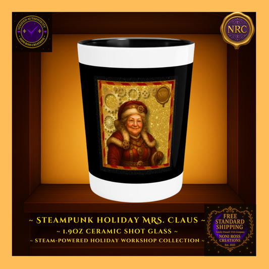 Steampunk Holiday Mrs. Claus 1.9oz ceramic shot glass centered in NRC golden cubby frame, front design fully visible.