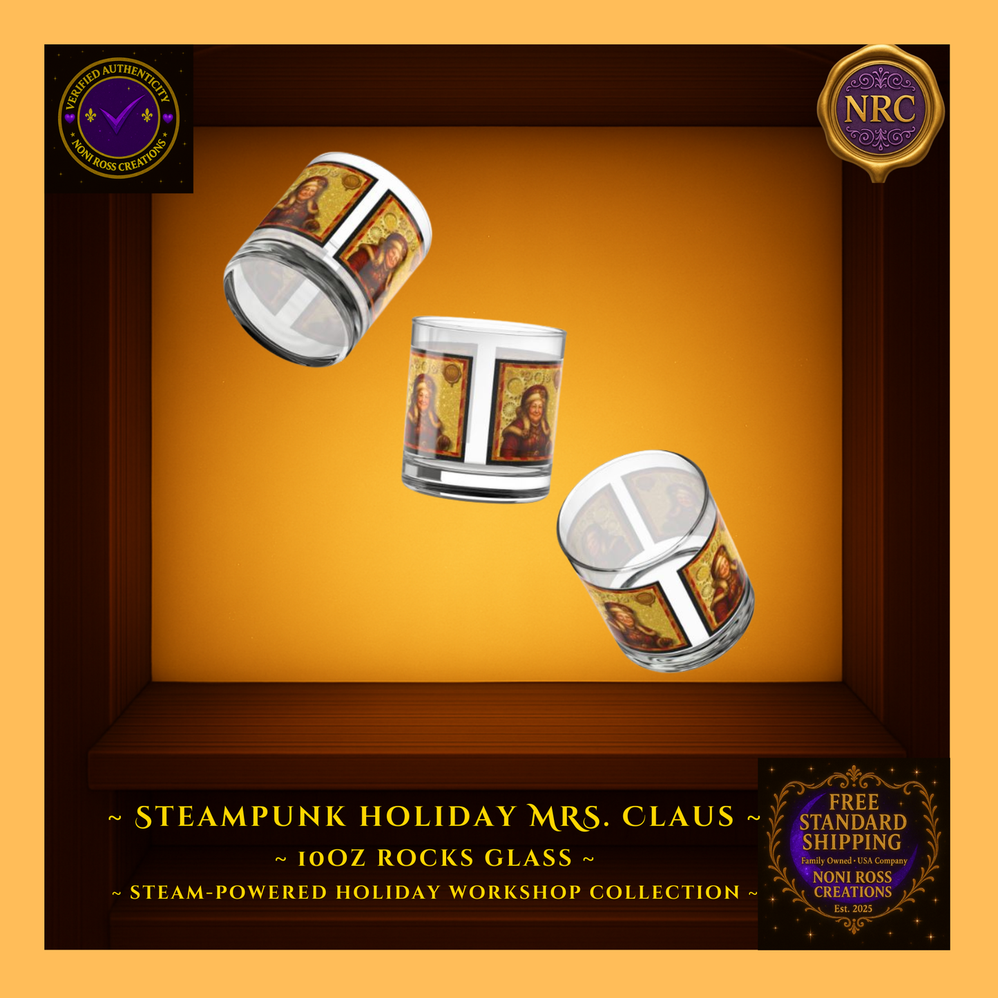 Steampunk Mrs. Claus 10oz rocks glass in NRC cubby lifestyle setting, shown as a festive whiskey or cocktail glass for cozy winter entertaining.
