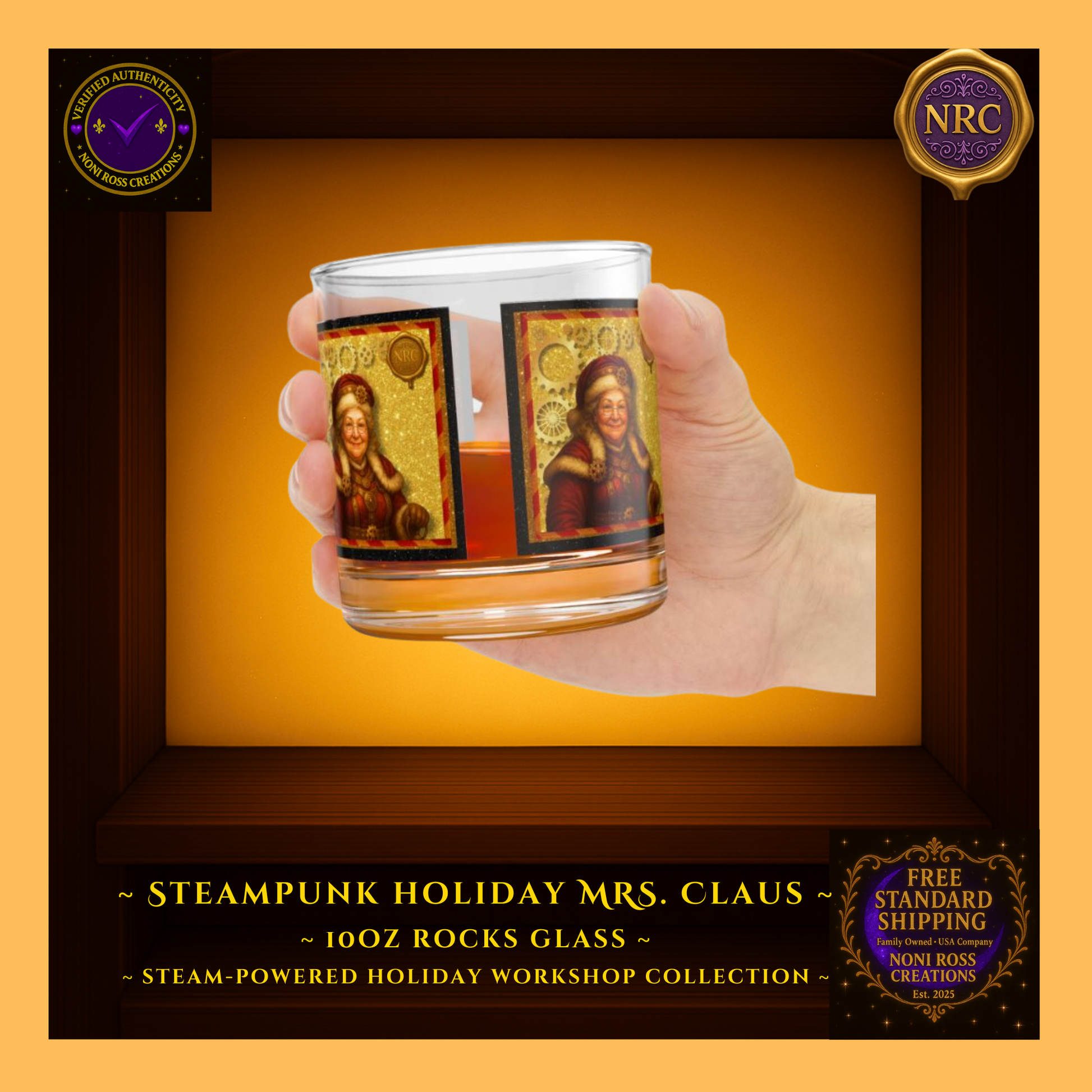 Steampunk Mrs. Claus 10oz rocks glass in NRC cubby lifestyle display, featured as a gift-ready Christmas barware piece from Noni Ross Creations.