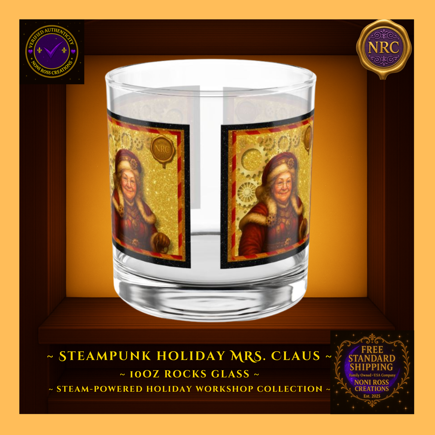 Steampunk Mrs. Claus 10oz rocks glass centered in NRC cubby frame, front artwork with elegant red and gold holiday details fully visible.