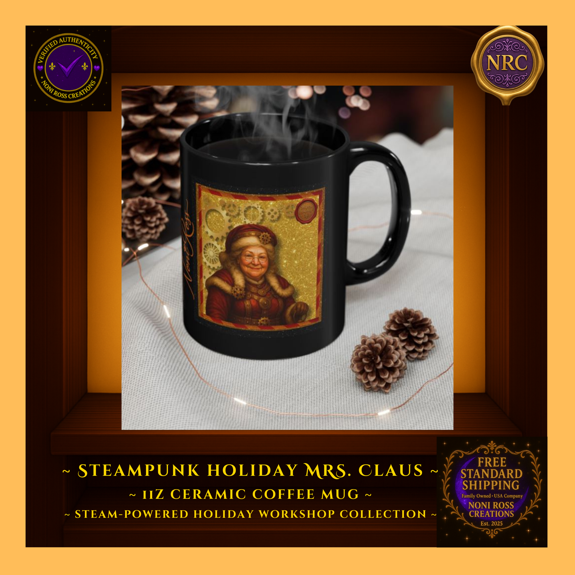 Mrs. Claus steampunk mug filled with hot cocoa beside cookies and ornaments on a cozy holiday tabletop.