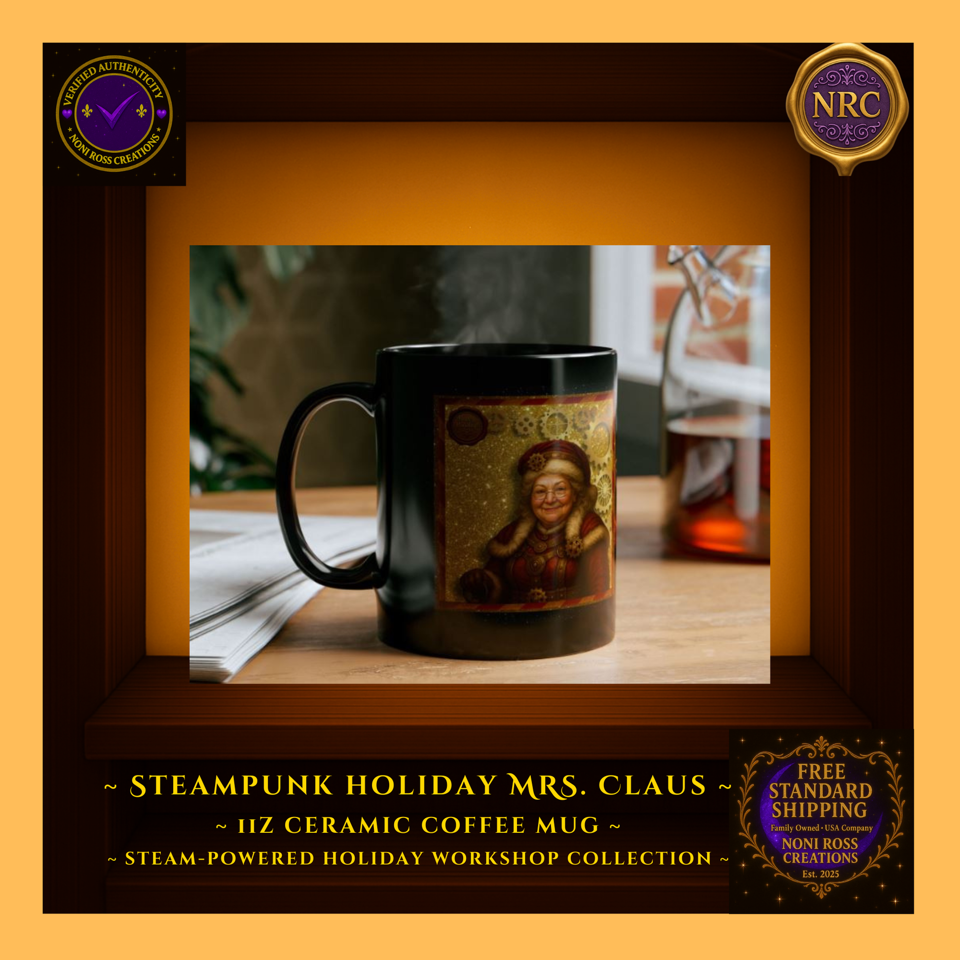 Steampunk Mrs. Claus mug styled on a tray with garland, books, and twinkle lights — gift-ready collectible display.