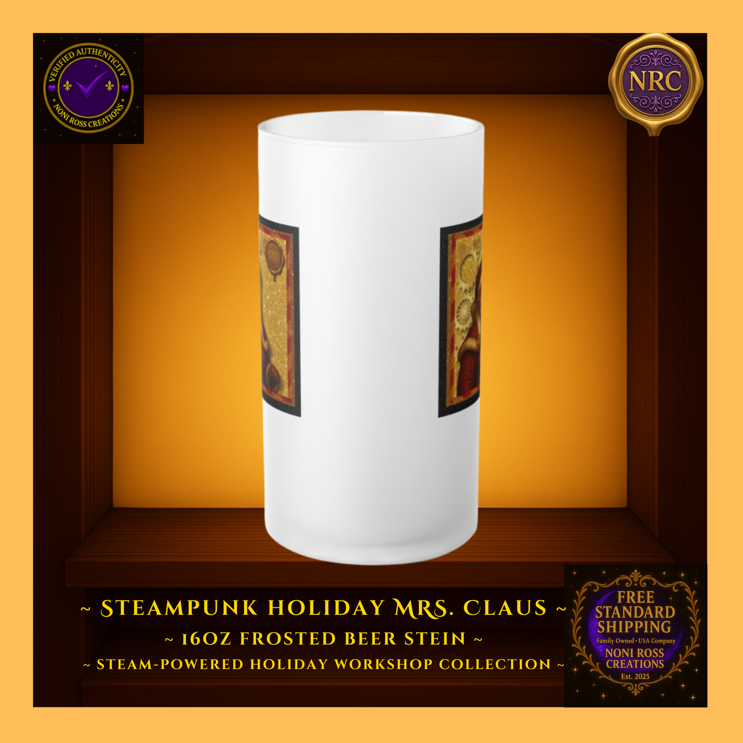 Back view of Mrs. Claus frosted beer stein showing wrap continuity and smooth matte-frost glass surface.
