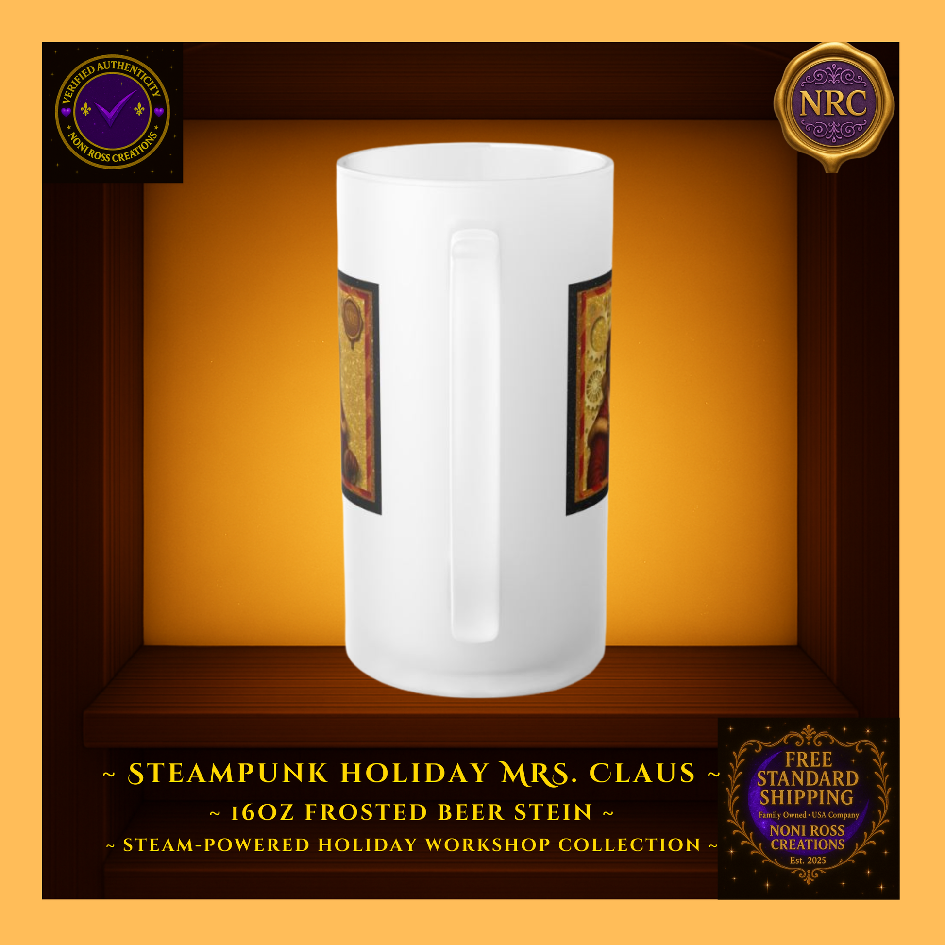 Front-side view of Mrs. Claus frosted stein showing wrap artwork edge, brass cog details, and satin frost finish.