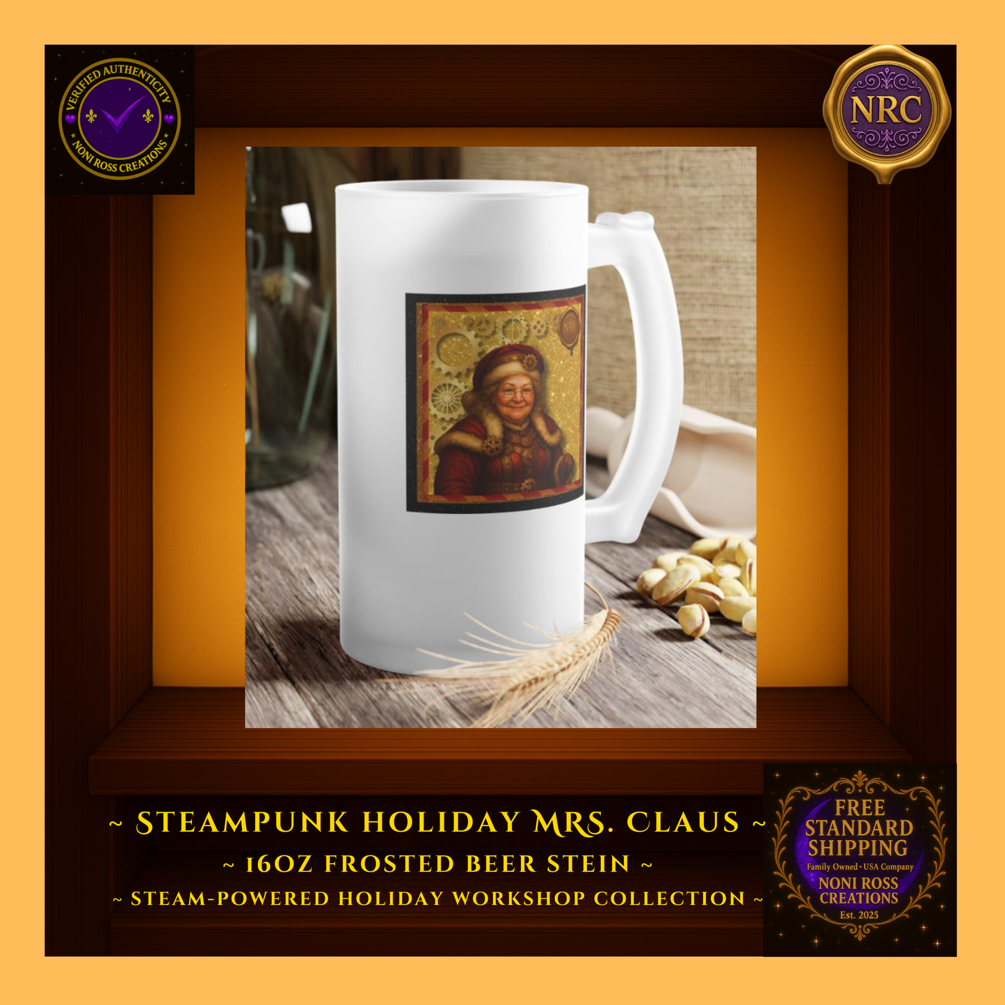 Mrs. Claus frosted beer stein on a holiday bar tray with ornaments and twinkle lights—cheerful party scene.