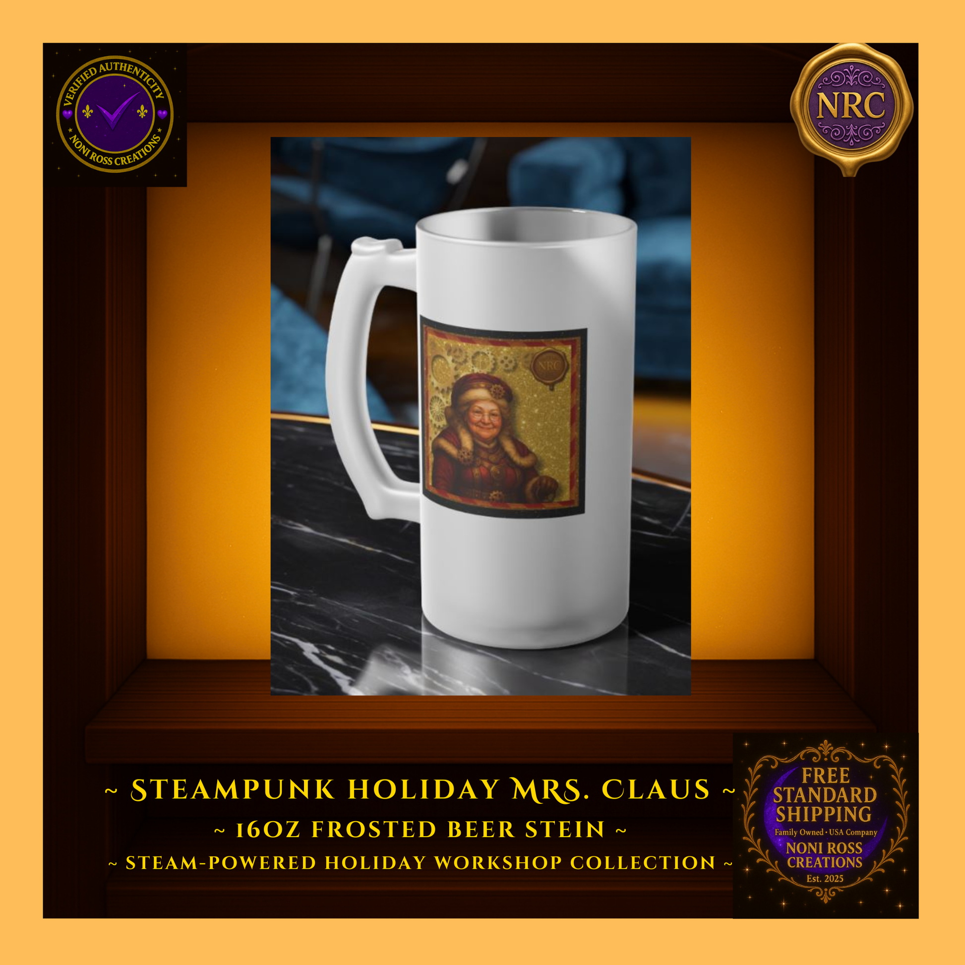 16oz Mrs. Claus frosted stein filled with amber drink beside cookies and garland—cozy Christmas vignette.