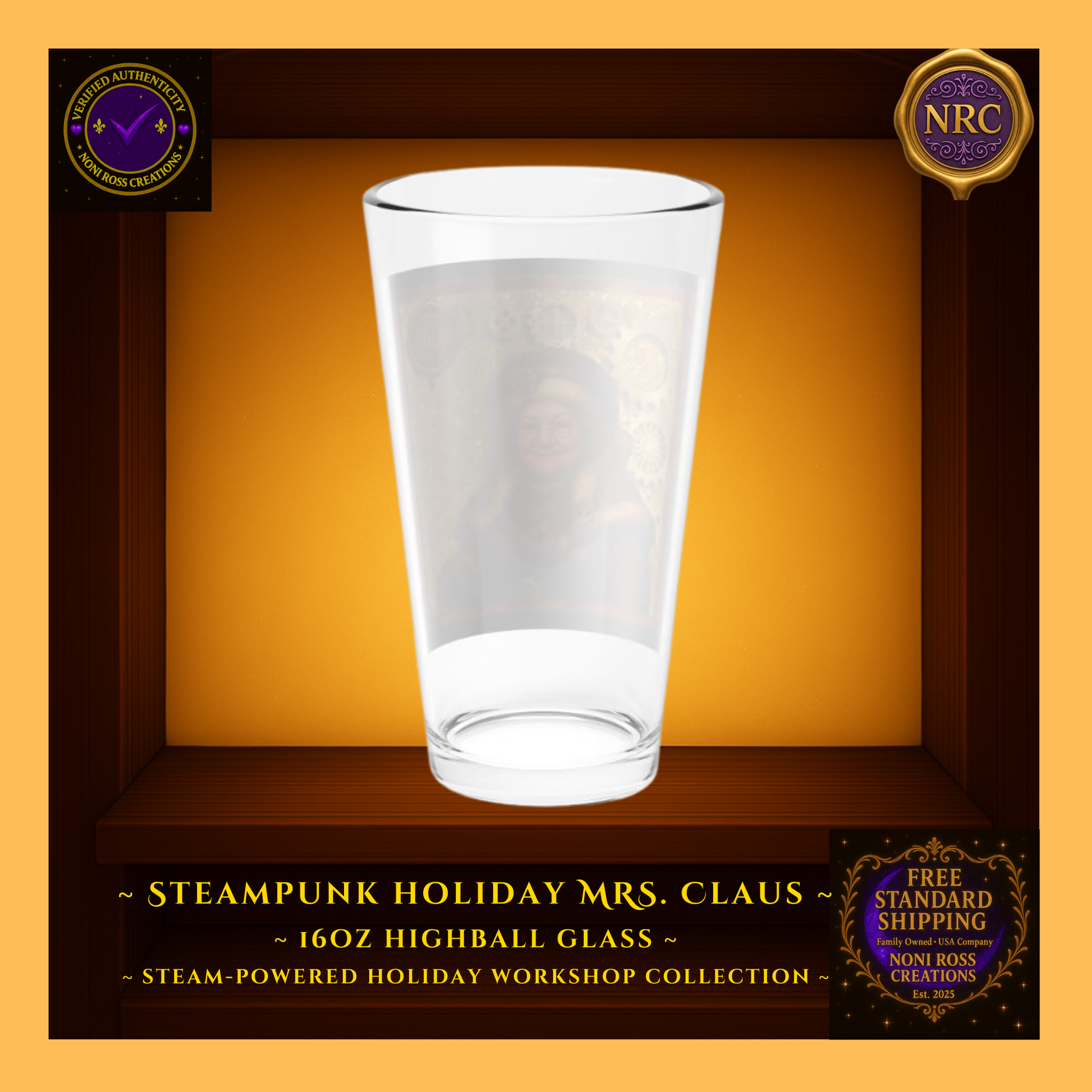 Back view of Mrs. Claus highball glass showing artwork continuity and smooth clear finish.