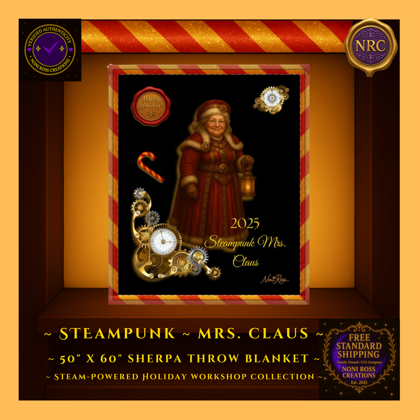 Close-up of Steampunk Mrs. Claus artwork showing detailed coat stitching, lantern glow, fur trim and brass steampunk gears inside a gold cubby frame
