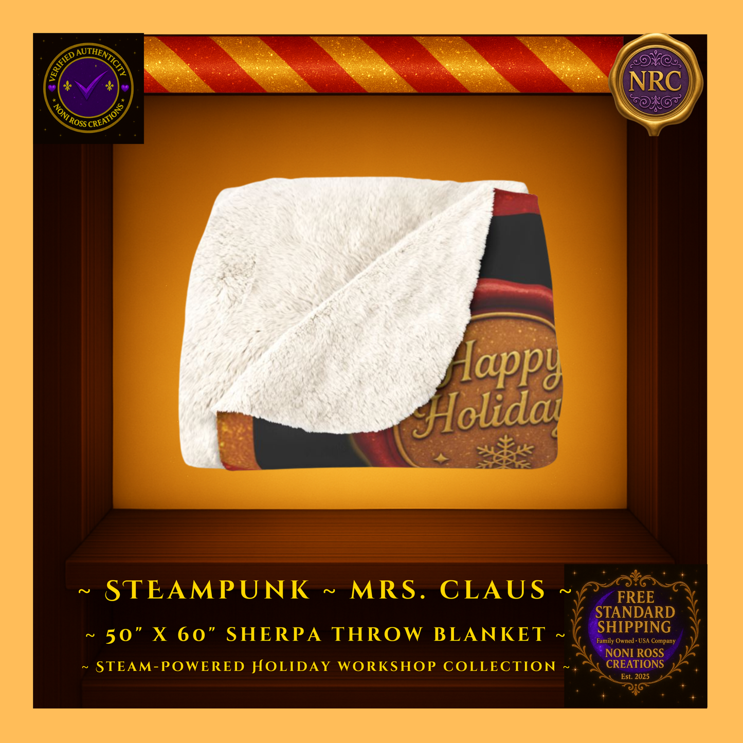 Steampunk Mrs. Claus sherpa blanket folded to reveal soft sherpa backing with holiday artwork visible inside an NRC gold cubby frame