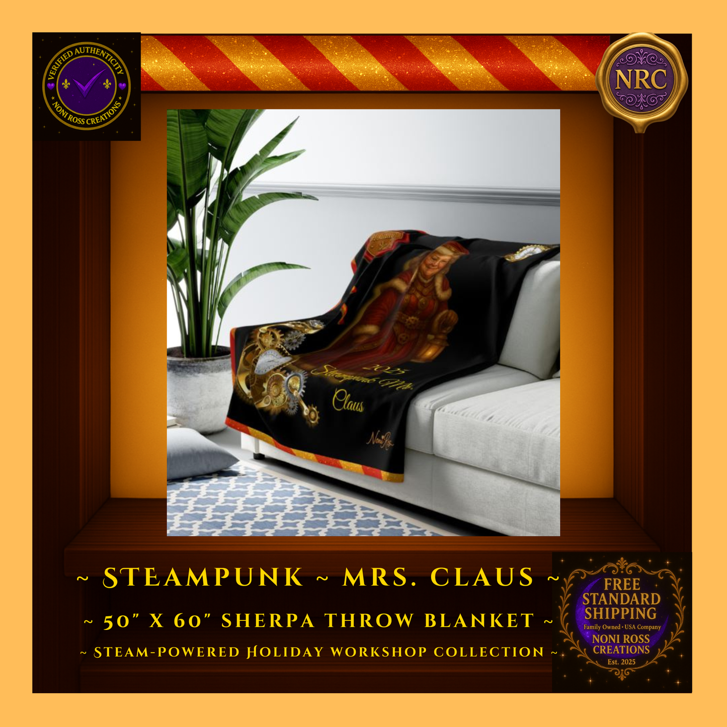 Steampunk Mrs. Claus sherpa blanket displayed on a living room couch as cozy Christmas décor inside an NRC gold cubby frame