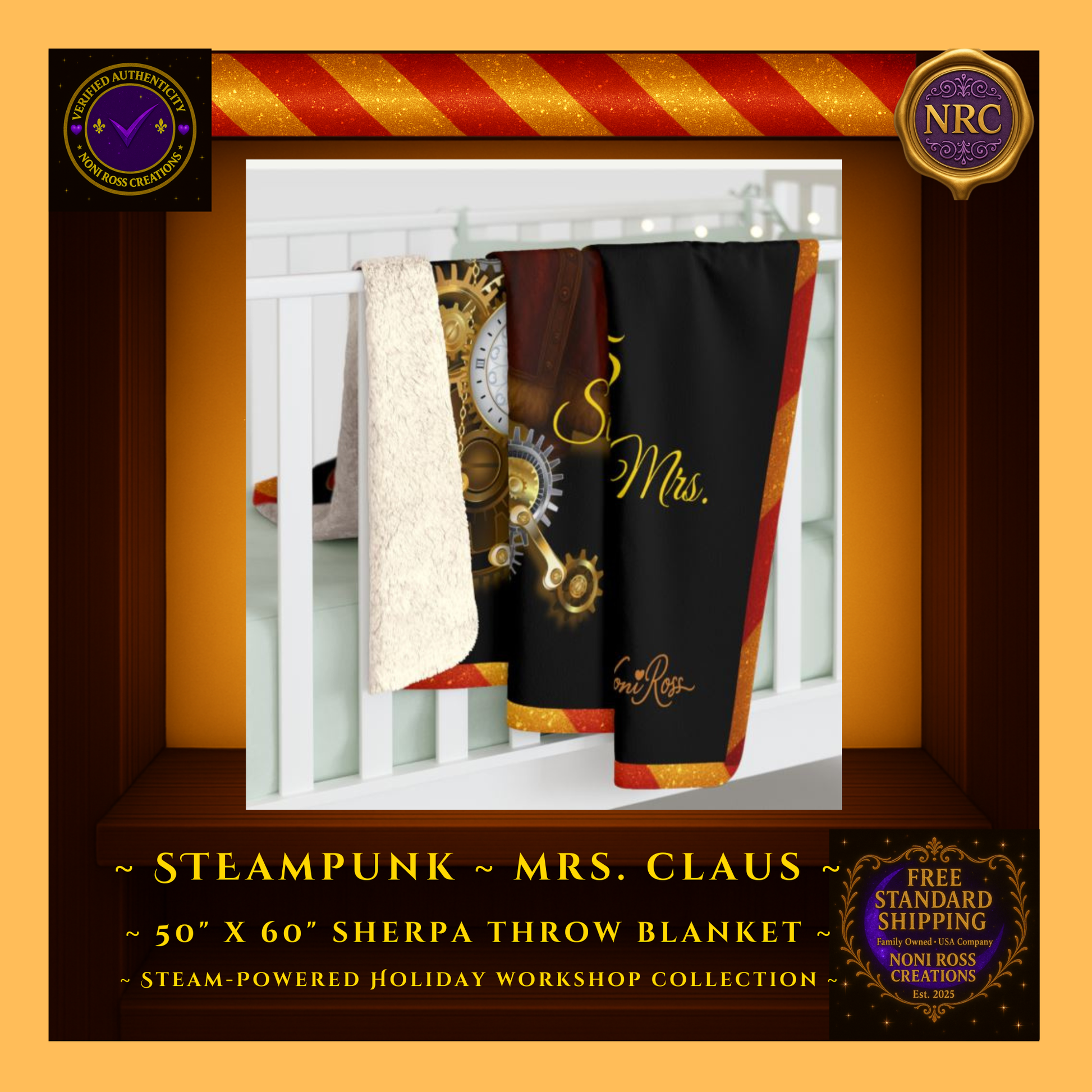 Steampunk Mrs. Claus sherpa blanket draped over a crib rail as festive holiday nursery décor inside a gold cubby frame