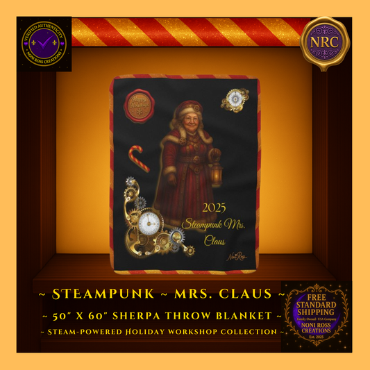 Steampunk Mrs. Claus 2025 sherpa blanket displayed in a gold cubby frame with crimson coat, fur trim, lantern, brass gears and candy-cane border
