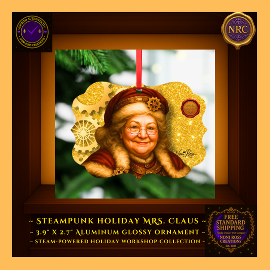 Mrs. Claus steampunk ornament hanging on a lit Christmas tree branch with warm bokeh lights.