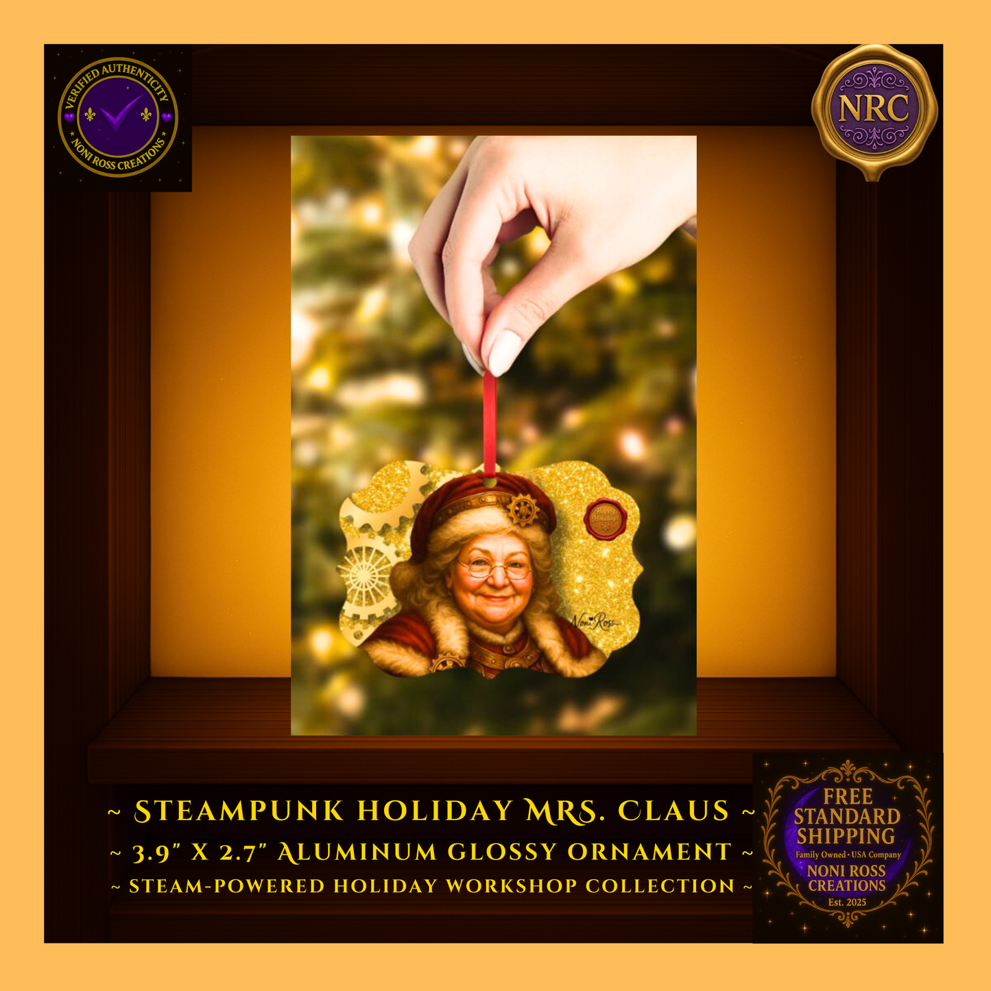 Metal Mrs. Claus ornament styled on a mantel with garland and candles — cozy holiday scene.