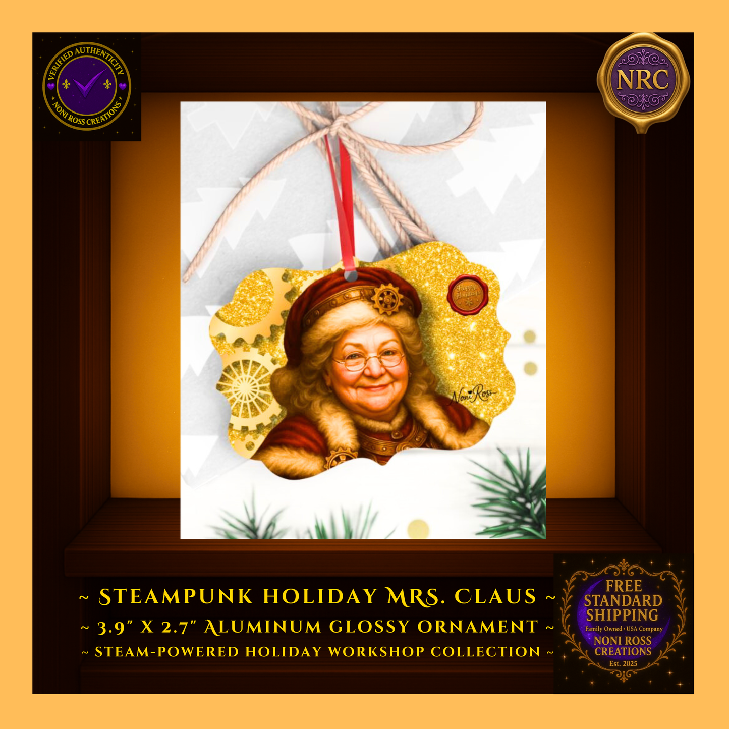 Steampunk Mrs. Claus ornament placed beside wrapped gifts and pinecones — gift-ready display.