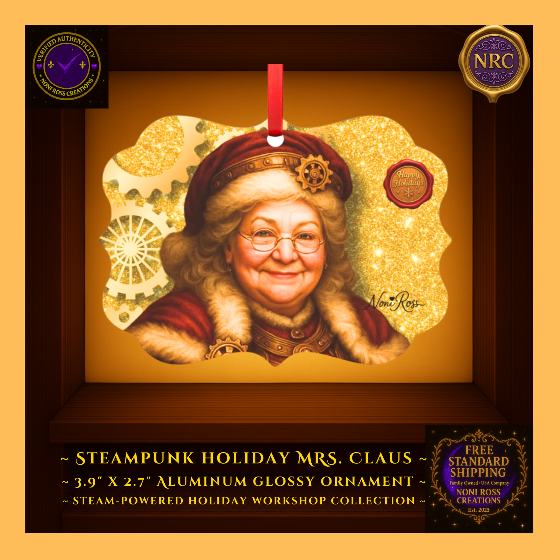 Steampunk Mrs. Claus metal ornament with golden gear accents and vintage holiday sparkle — Noni Ross Creations.