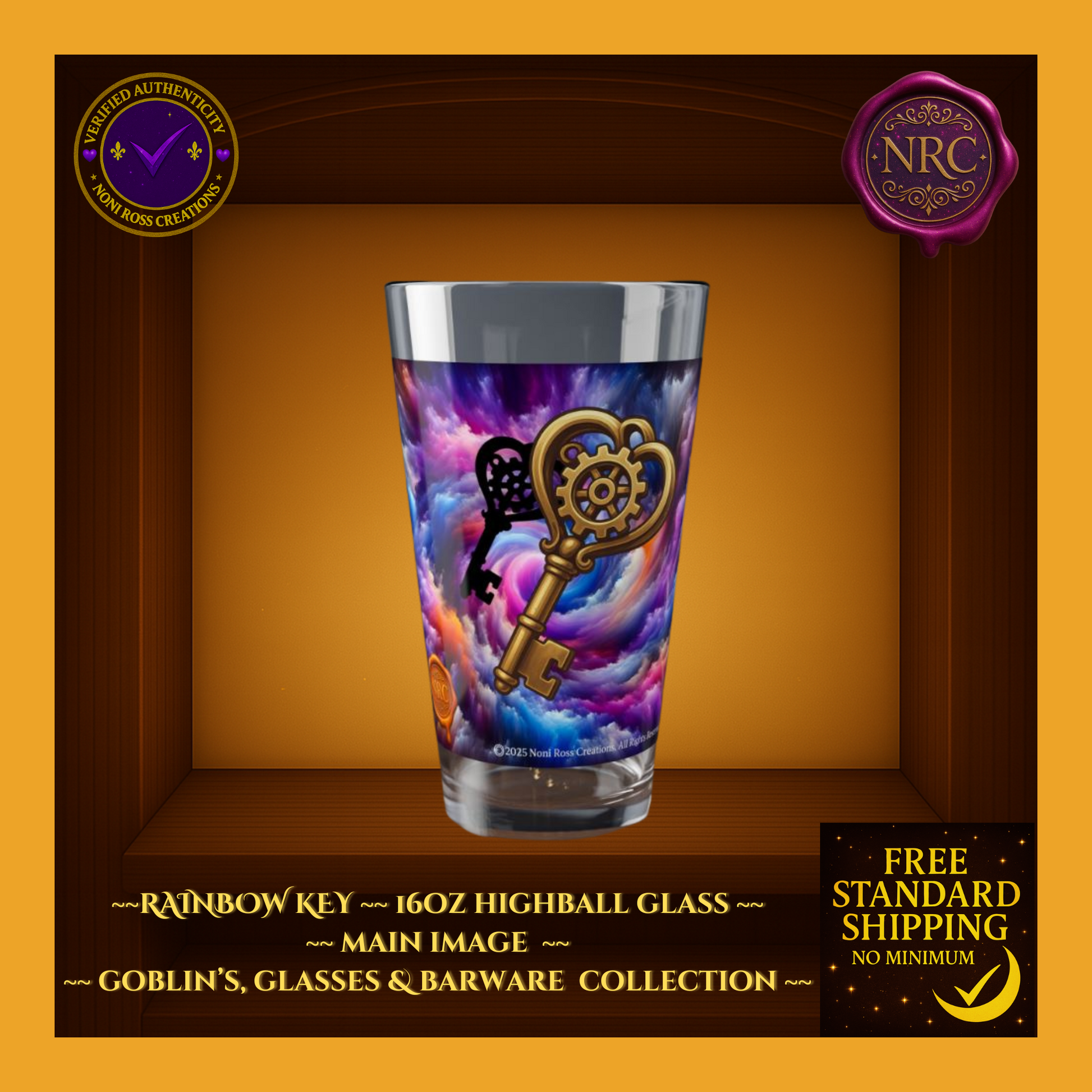 Noni the Witch Rainbow Key Highball Glass 16oz – vibrant cosmic background with golden key art, fantasy barware by Noni Ross Creations.