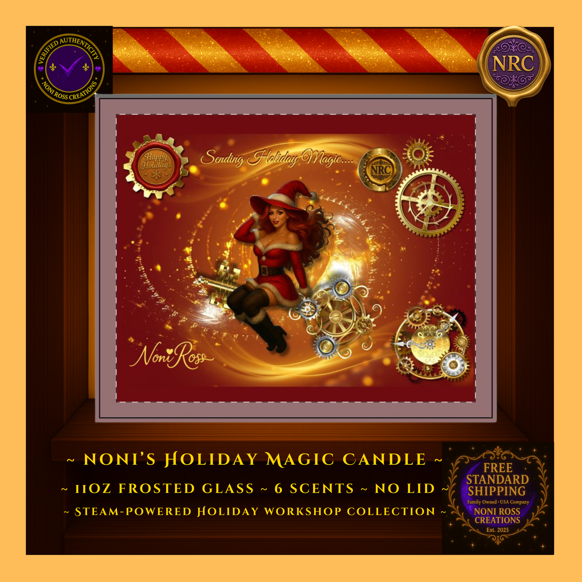 Close-up of Noni’s Holiday Magic Candle label showing steampunk gears, golden magic, and festive artwork in a gold cubby frame