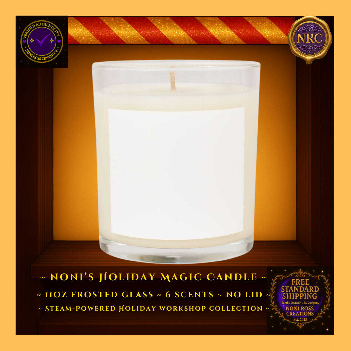 Noni’s Steam-Powered Holiday Magic Candle styled in a cozy holiday scene with soft glow and steampunk décor elements, presented in gold cubby frame