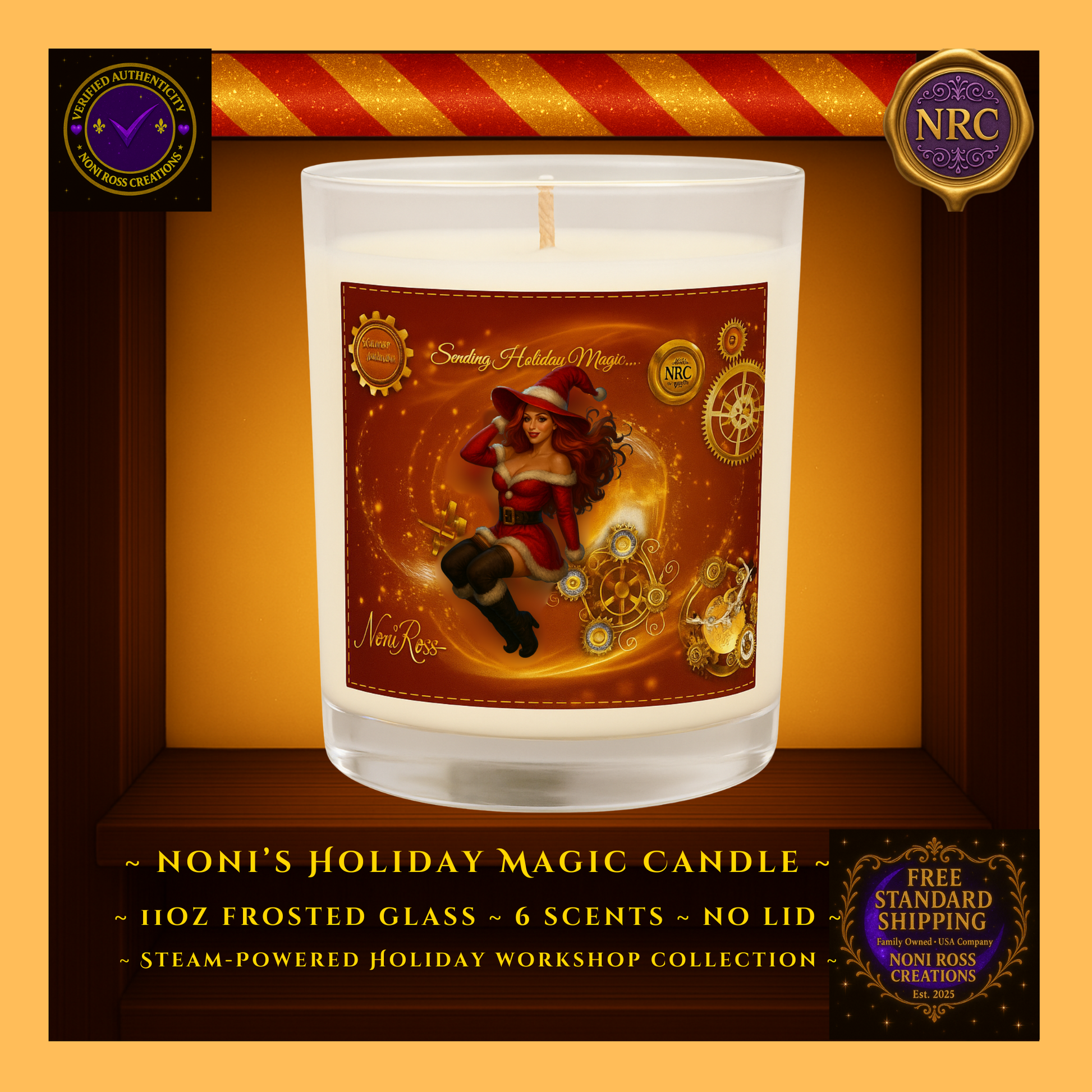 Noni’s Steam-Powered Holiday Magic Candle – 11oz frosted glass with holiday steampunk artwork in gold cubby frame by Noni Ross Creations