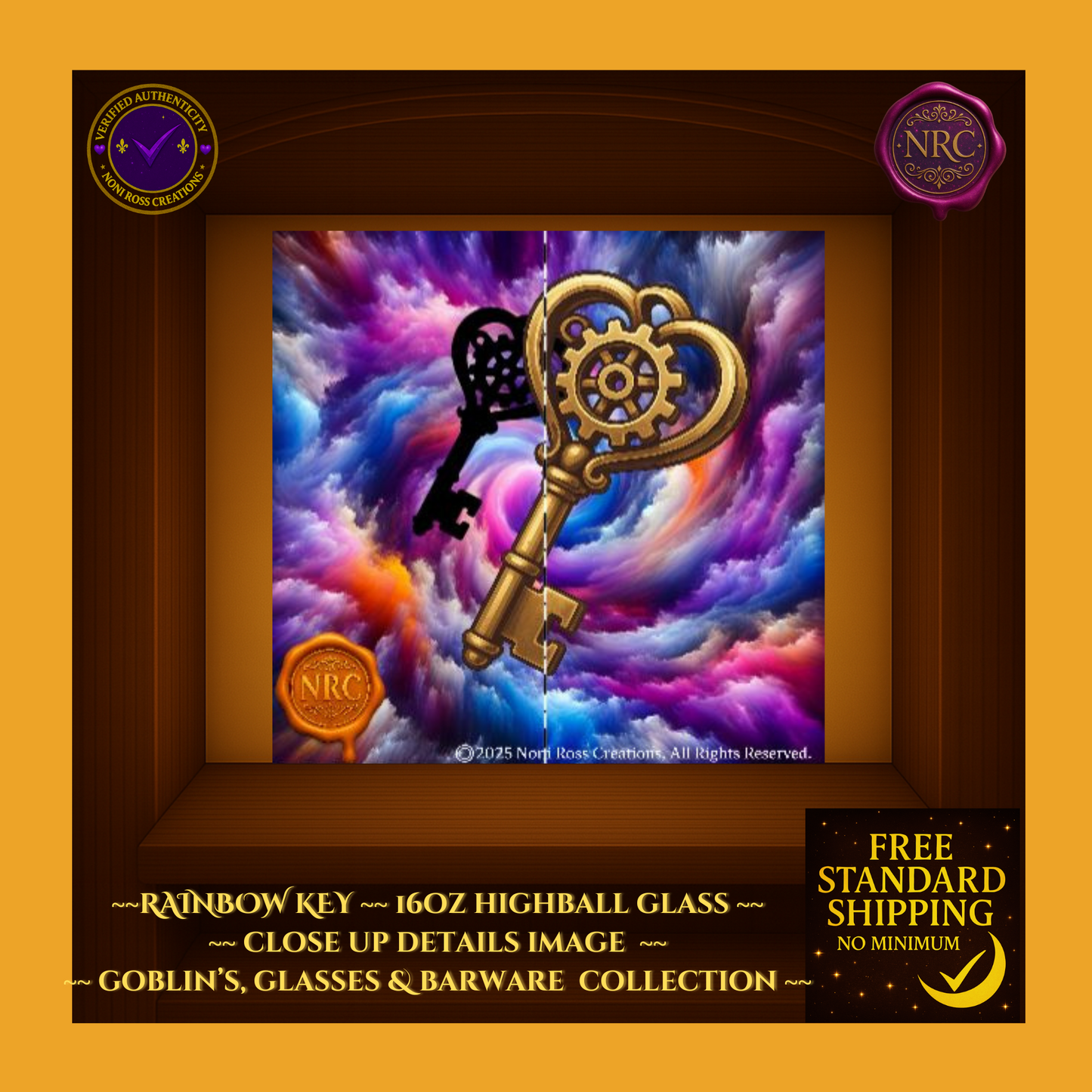 Detailed view of rainbow vortex and antique golden key design from Noni Ross Creations Goblin’s, Glasses & Barware Collection