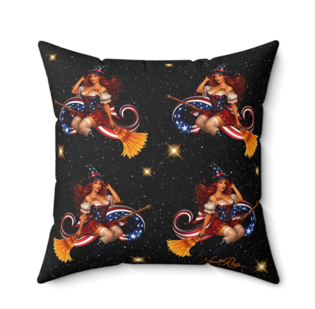 16x16 faux suede pillow featuring Noni Ross Creations multiple print design with repeating patriotic witch artwork on soft decorative throw pillow front