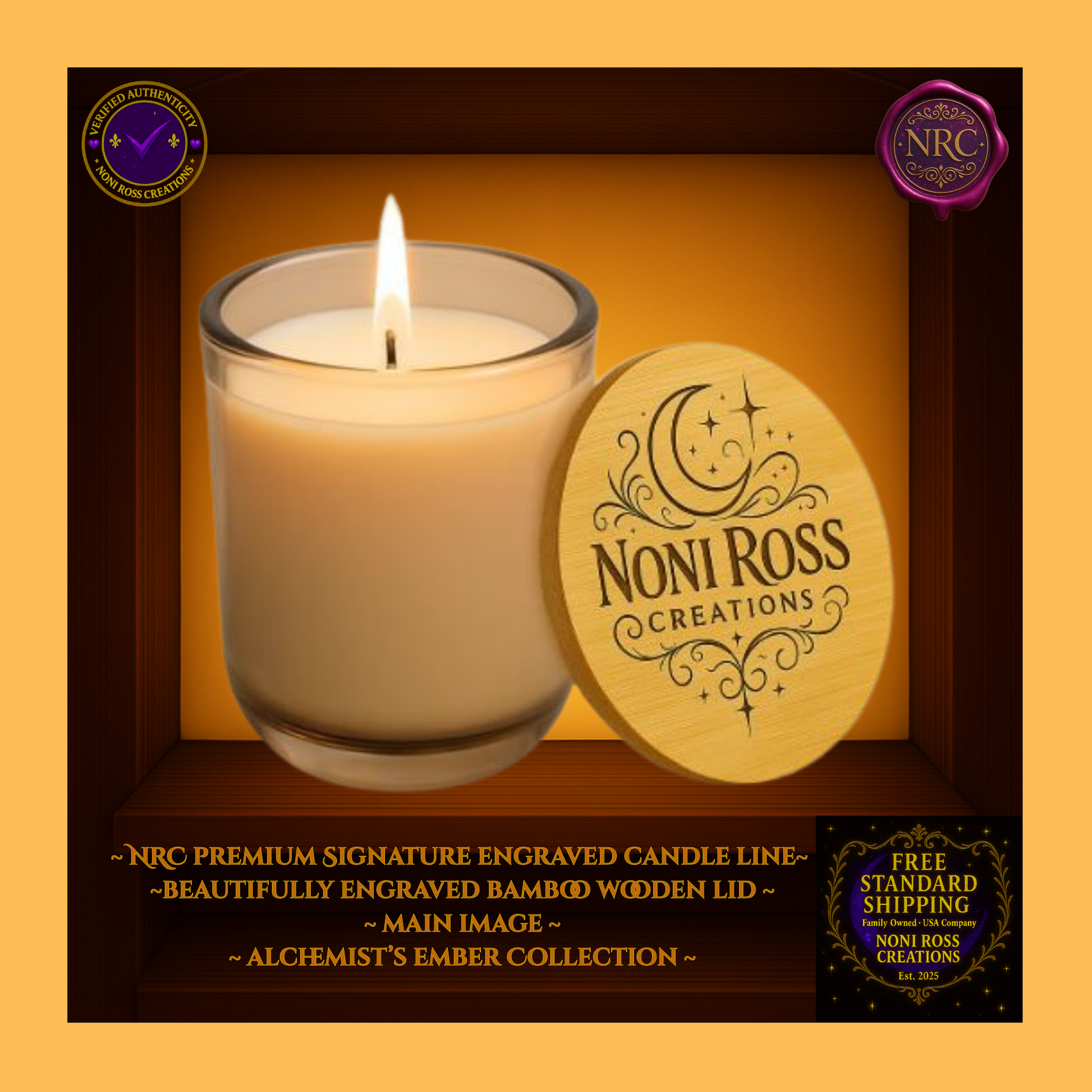 Peachy nude glass 14oz soy candle with engraved NRC bamboo lid