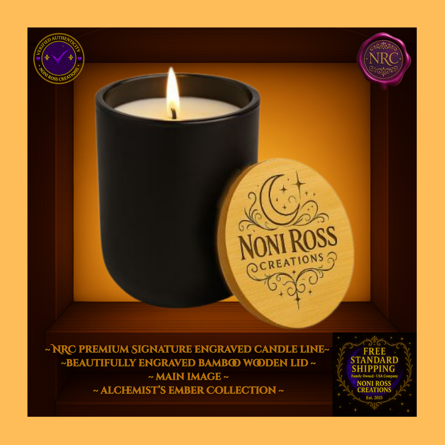 Matte black glass 14oz soy candle with engraved NRC bamboo lidCollection