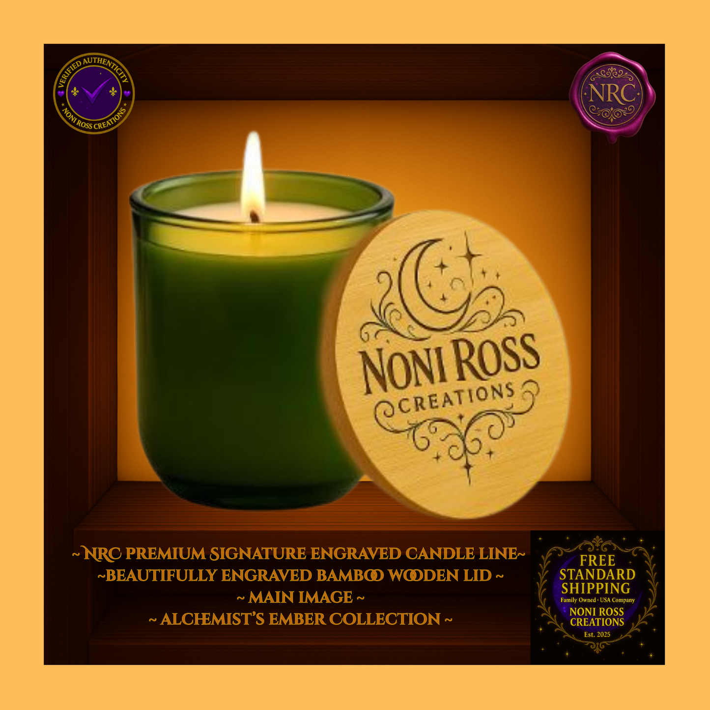 Olive green glass 14oz soy candle with engraved NRC bamboo lid