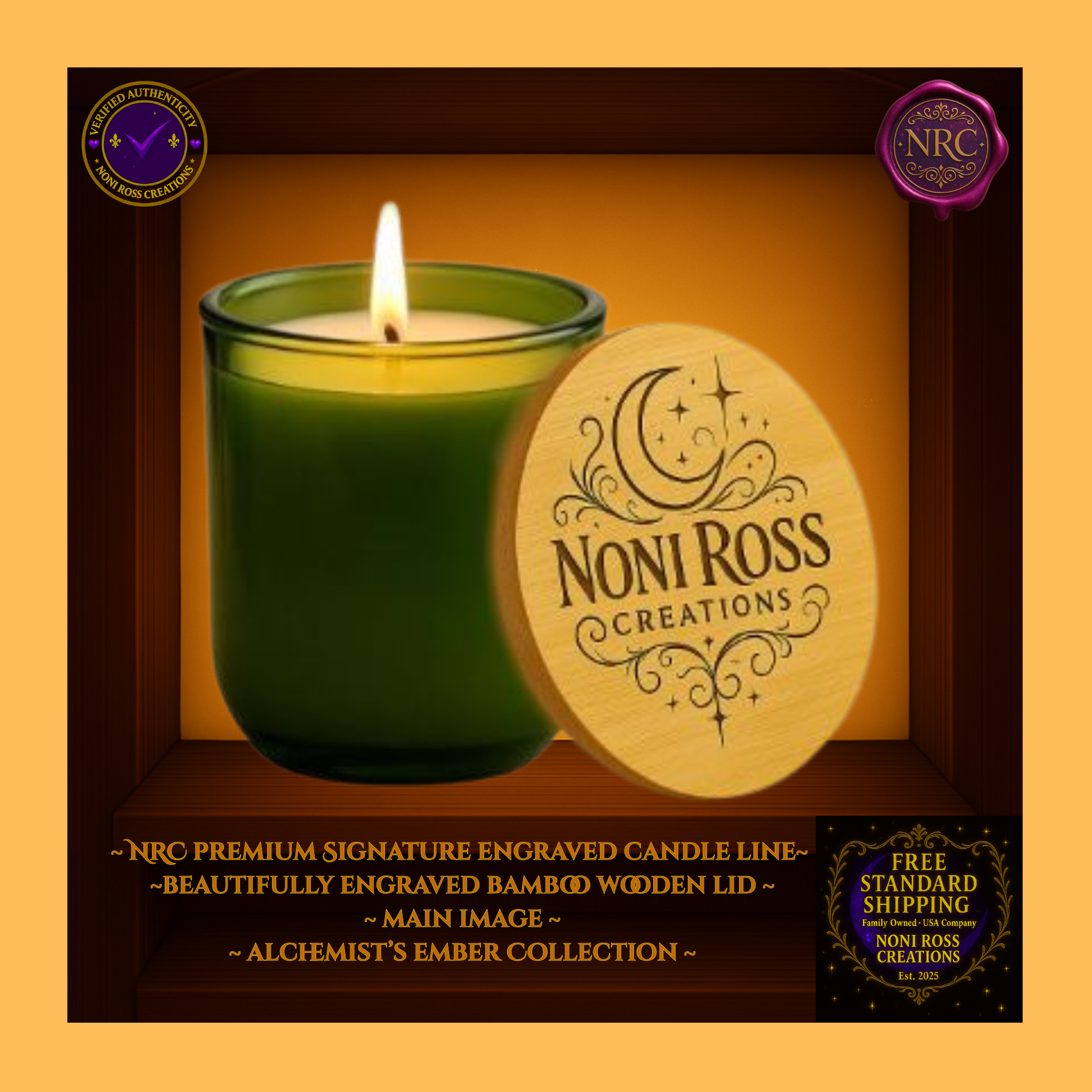 Olive green glass 14oz soy candle with engraved NRC bamboo lid