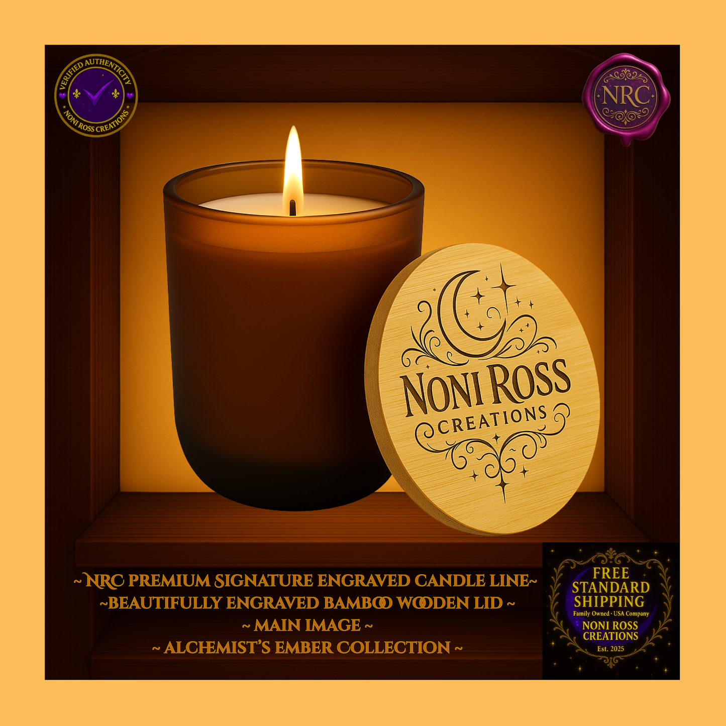 Noni Ross Creations 14oz soy candle in amber glass with engraved bamboo lid – Alchemist’s Ember Collection