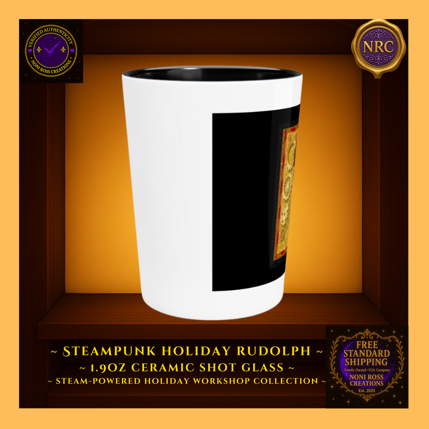 Left-side view of Rudolph ceramic shot glass showing wrap design edge and brass cog motif on glossy finish.