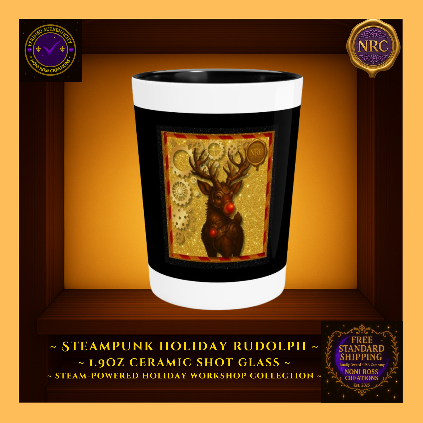 Steampunk Rudolph 1.9oz ceramic shot glass with glowing red nose and gold gear accents — Noni Ross Creations.
