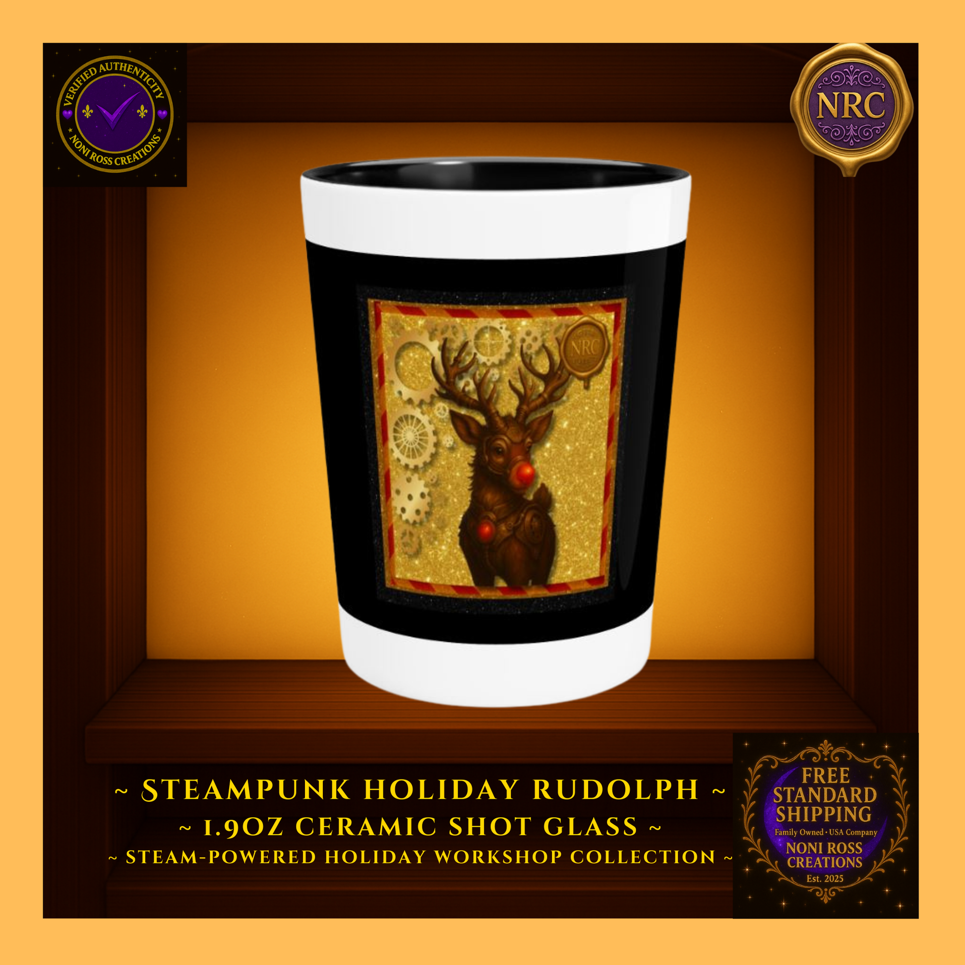 Steampunk Rudolph 1.9oz ceramic shot glass with glowing red nose and gold gear accents — Noni Ross Creations.