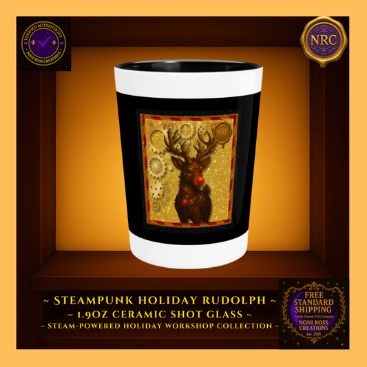 Steampunk Rudolph 1.9oz ceramic shot glass with glowing red nose and gold gear accents — Noni Ross Creations.