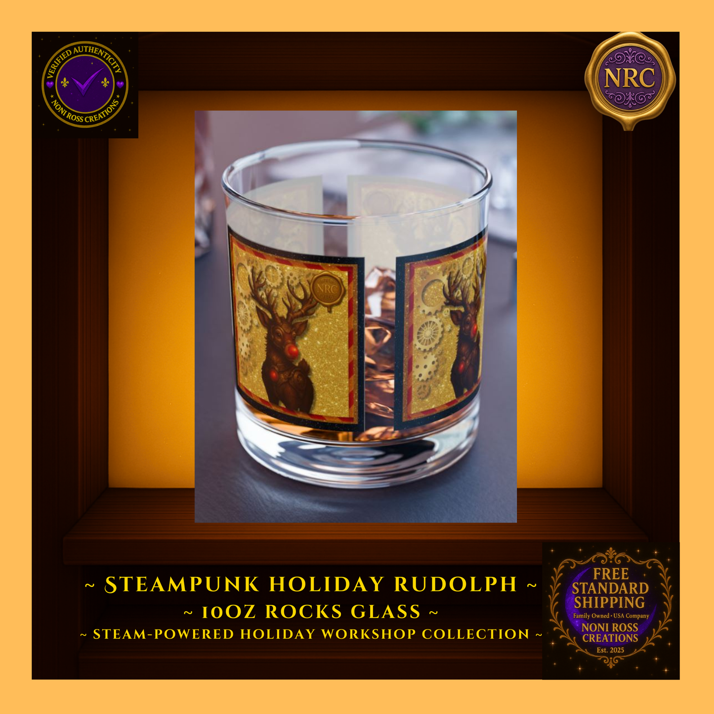 Rudolph rocks glass filled with amber drink on a holiday bar tray with ornaments and lights; festive party scene.