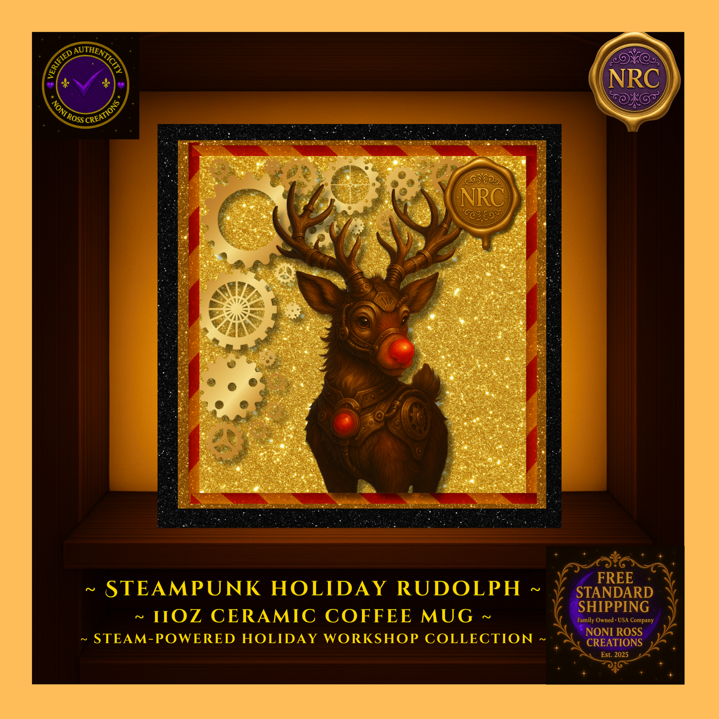 Close-up of Rudolph graphic with bright red nose and metallic gears on glossy ceramic surface; crisp print detail.