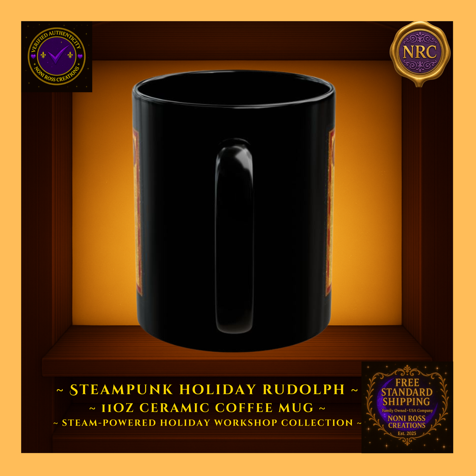 Handle view of Rudolph ceramic mug showing comfortable curved grip and edge of steampunk artwork wrap.