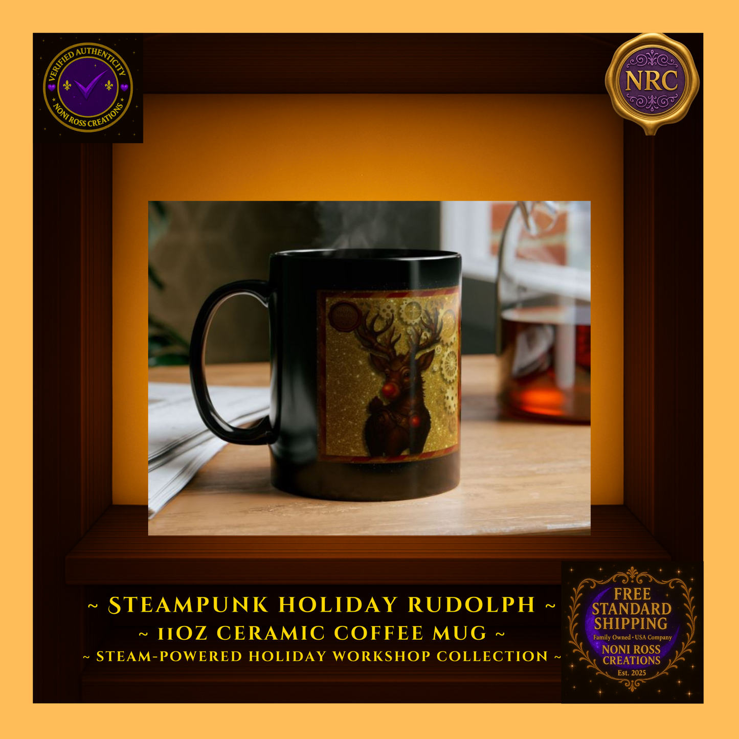 Rudolph mug styled on a tray with garland, books, and twinkle lights—gift-ready collectible display.