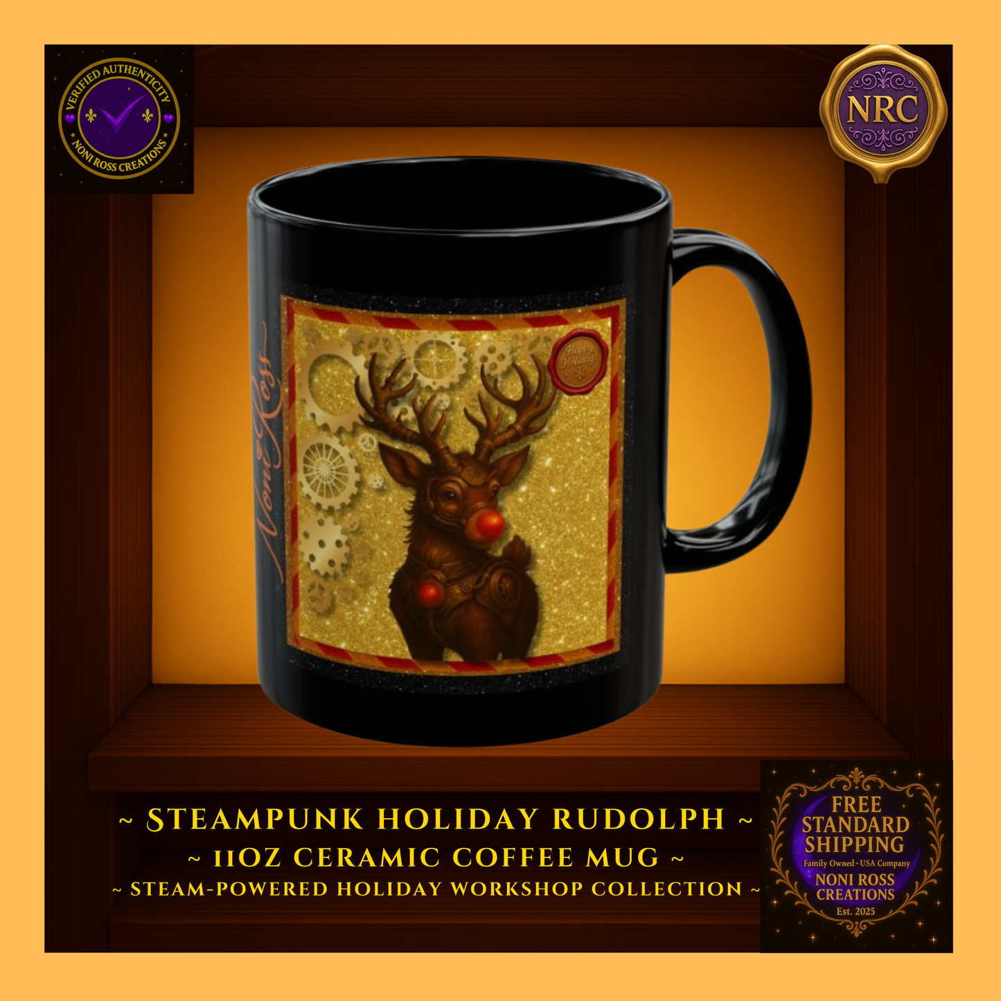 Steampunk Rudolph 11oz black ceramic mug with glowing red nose and gold gear accents — Noni Ross Creations holiday design.