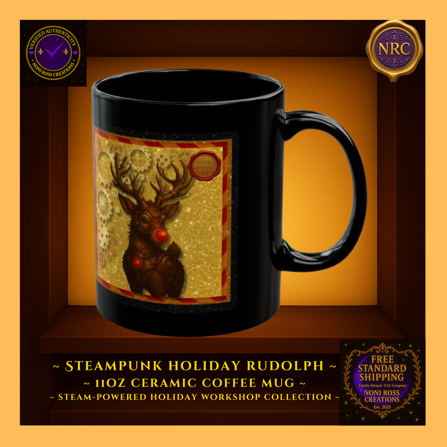 Right-side profile of Rudolph mug highlighting design seam and festive red-gold tones with vintage steampunk style.