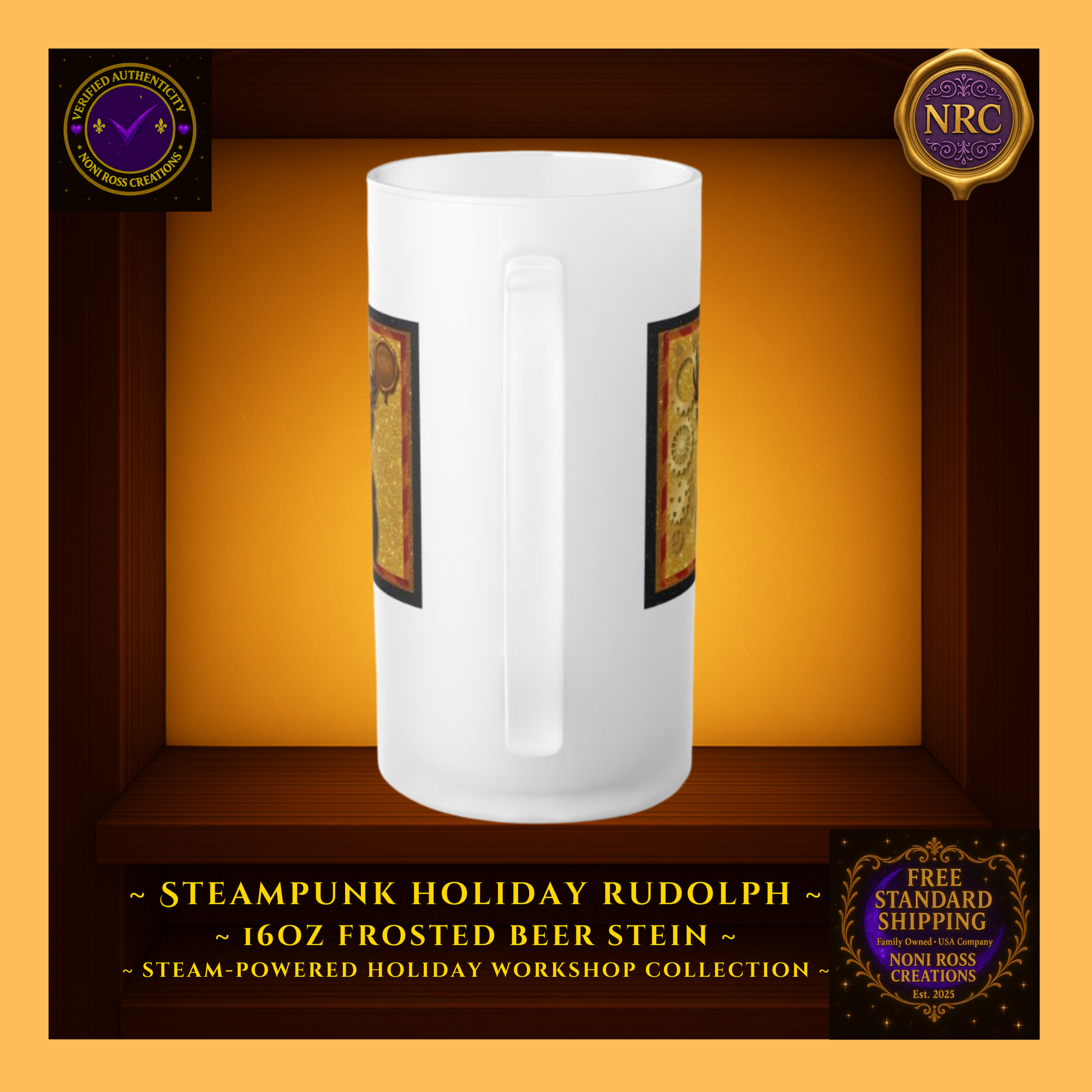 Back view of 16oz frosted stein showing design wrap continuity and smooth glass surface.