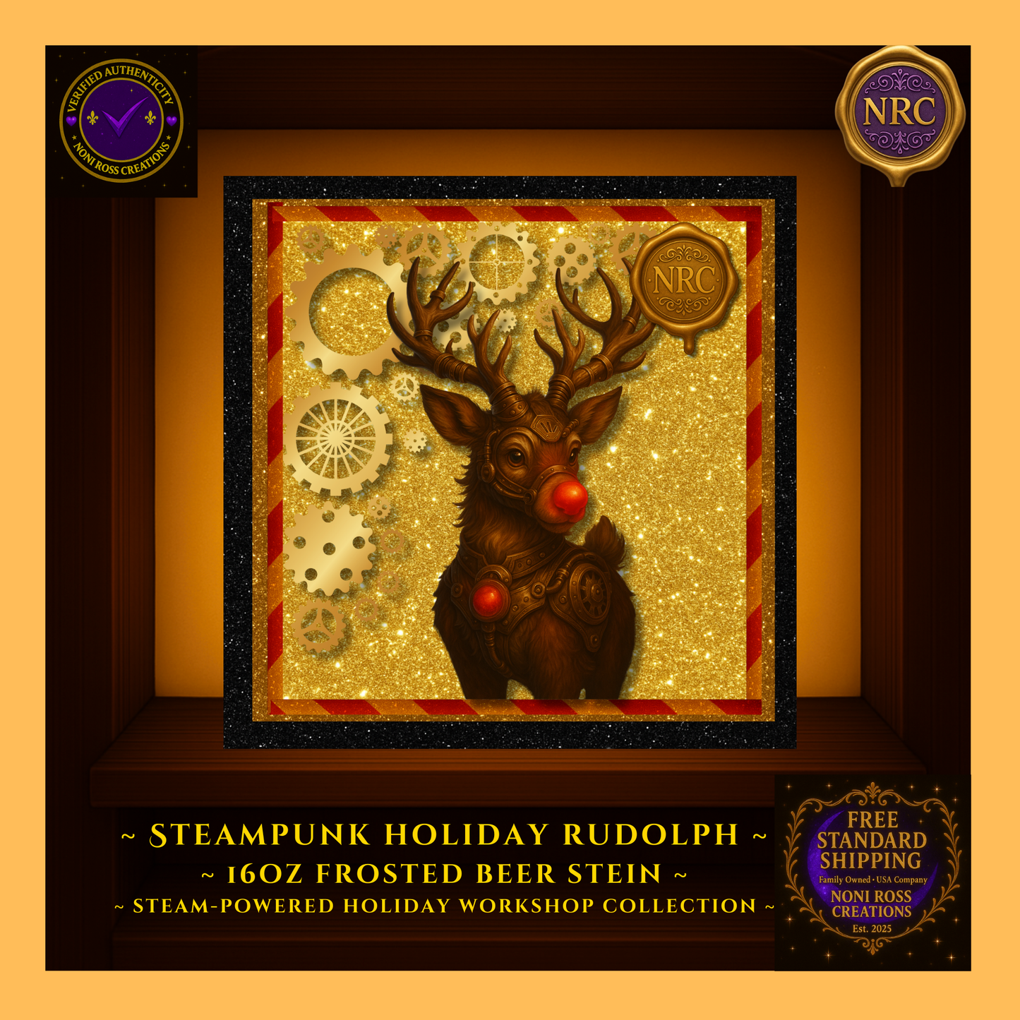 Close-up of Rudolph graphic on frosted stein with metallic gears and bright red nose; crisp print on satin glass.