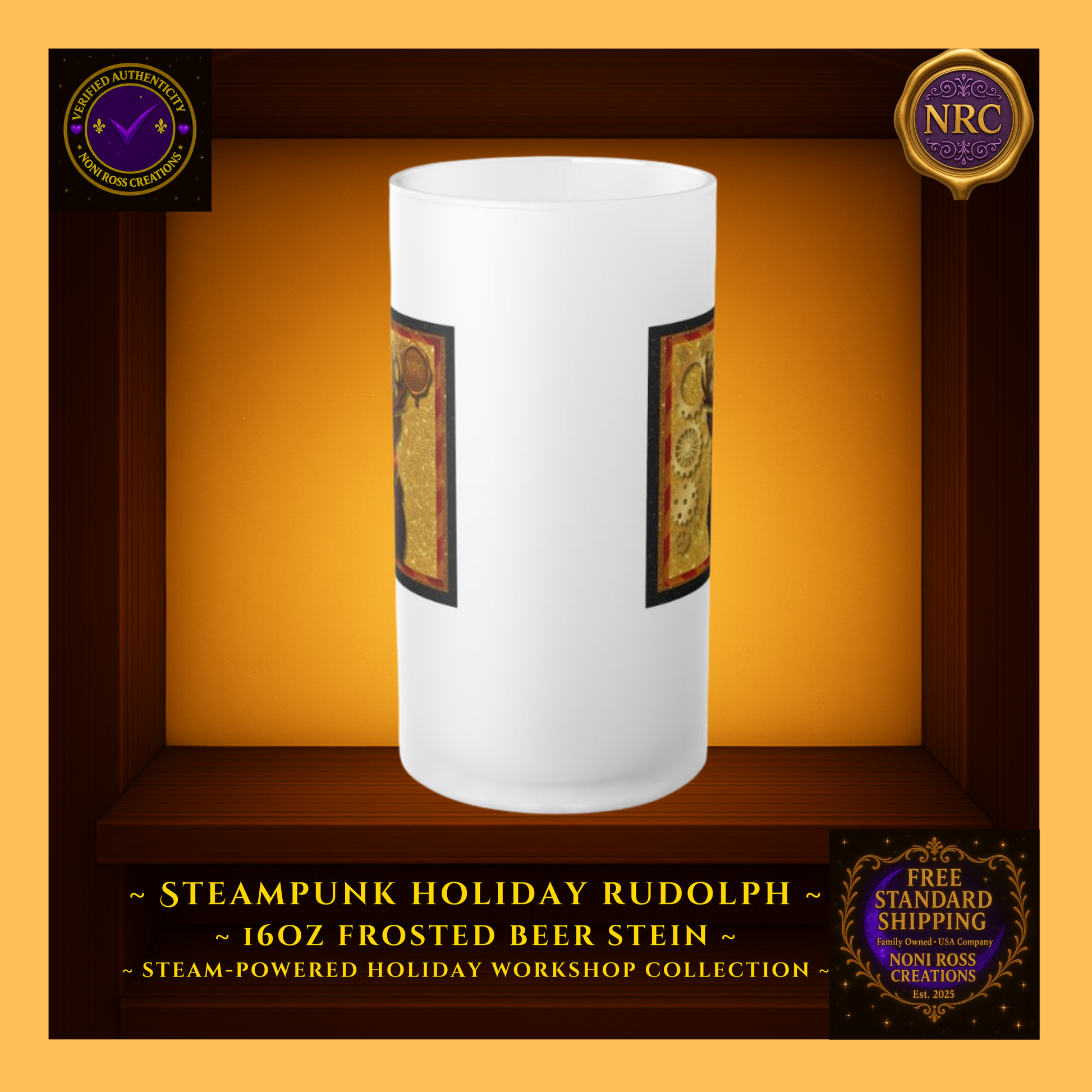 Front view of Rudolph frosted stein showing centered artwork panel and satin frost finish.